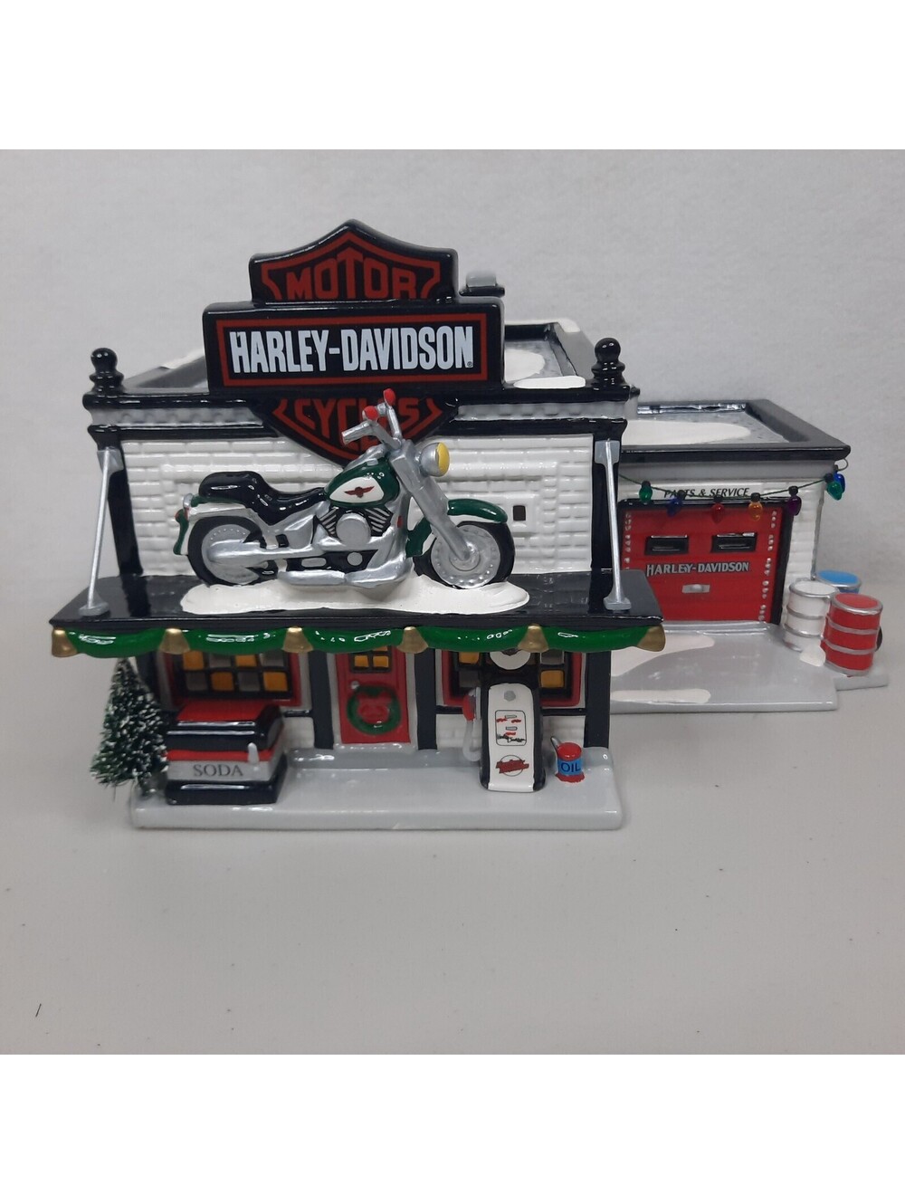 The Original Snow Village Hand Painted Christmas Harley Davidson Motocycle Shop